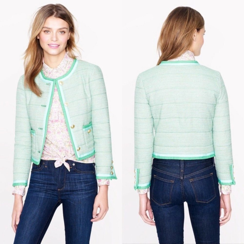 Quilted collarless tweed jacket